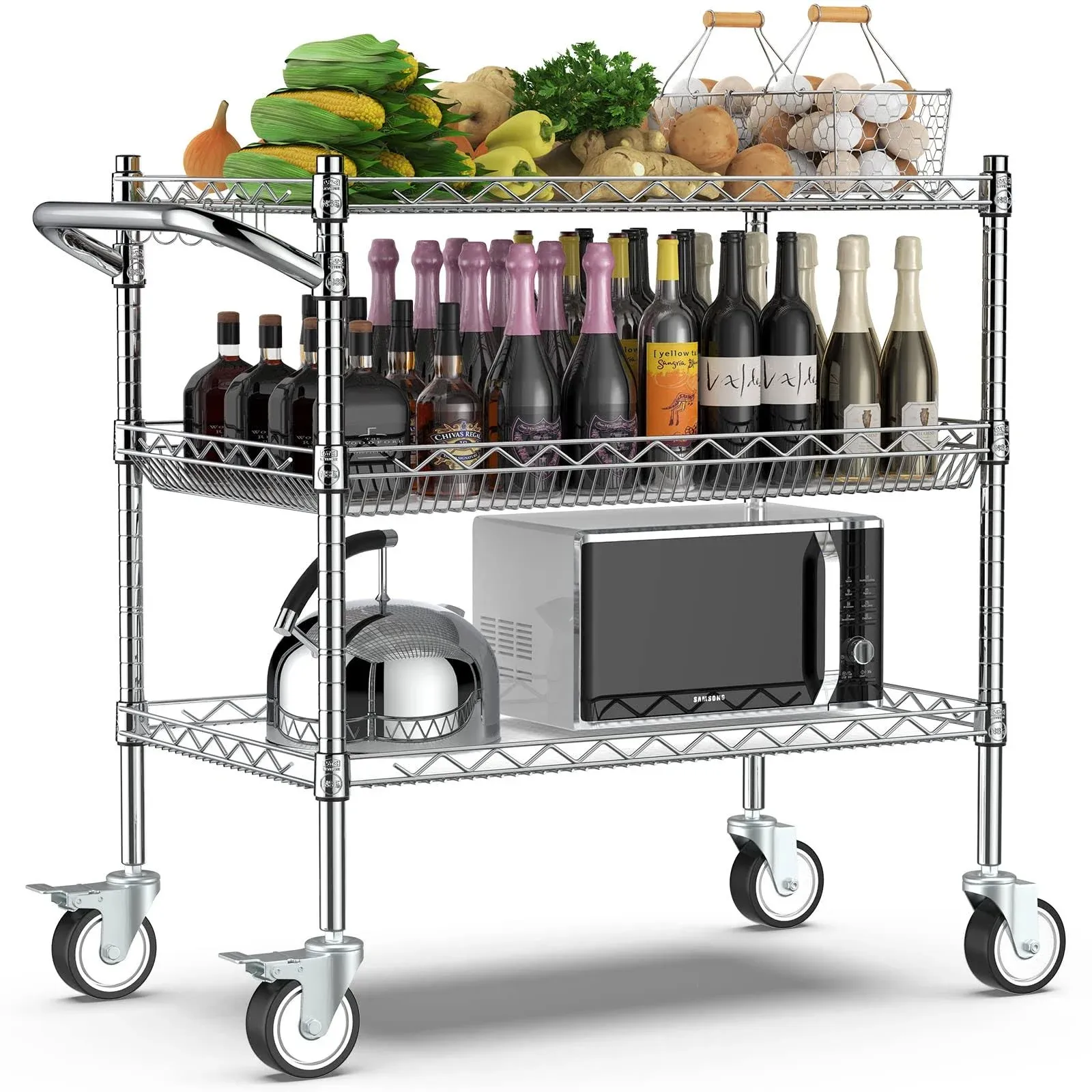 Leteuke 3 Tier Rolling Carts with Wheels,990Lbs Heavy Duty Rolling Utility Cart,NSF Commercial Grade Metal Cart with Handle&Shelf Liner,Trolley