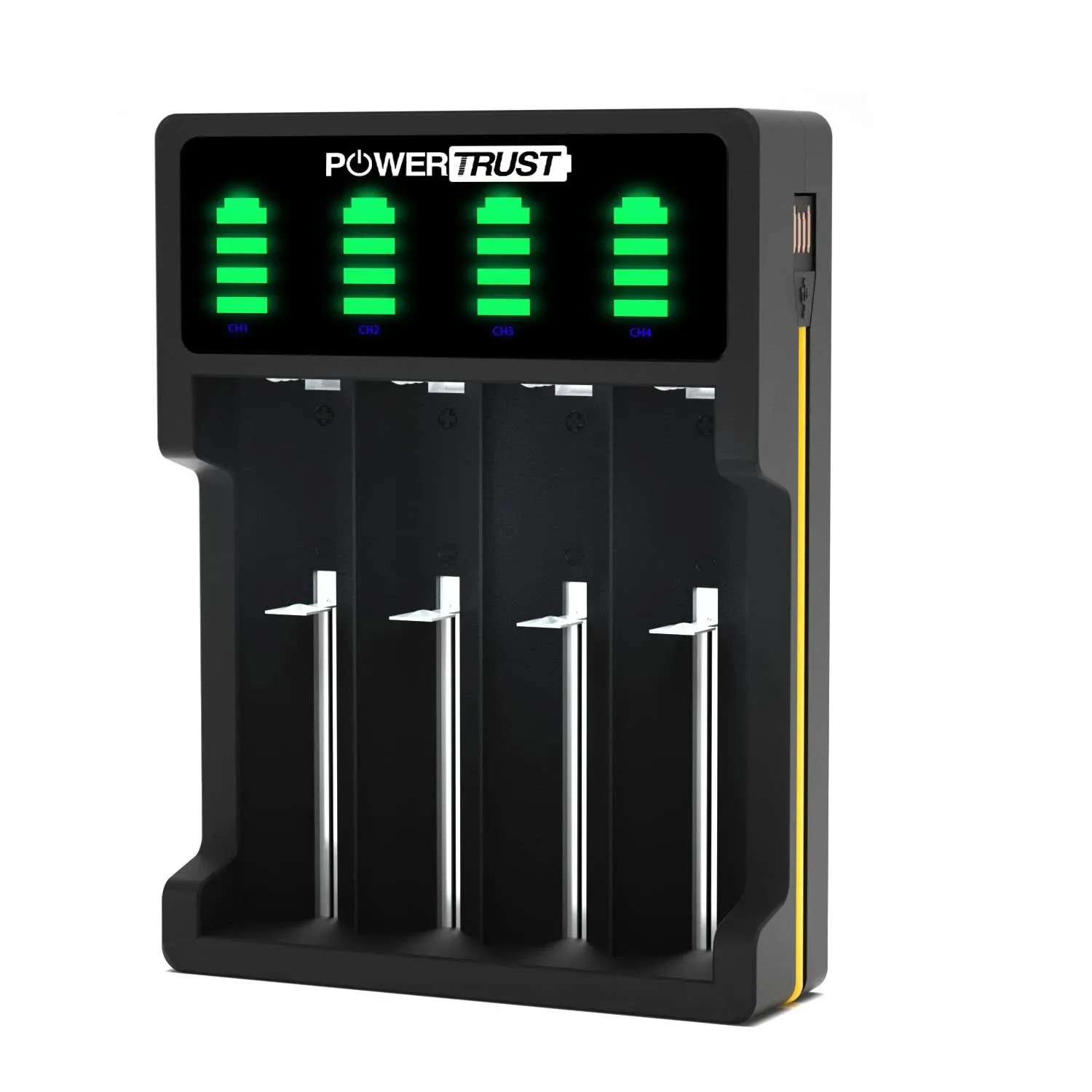 PowerTrust LED 4-Slots Universal Battery Charger for 18650 26650 22650 21700 20700 18500 18350 17670 17500 16340(RCR123) 14500 14430 10440 AA AAA AAAA Rechargeable Batteries