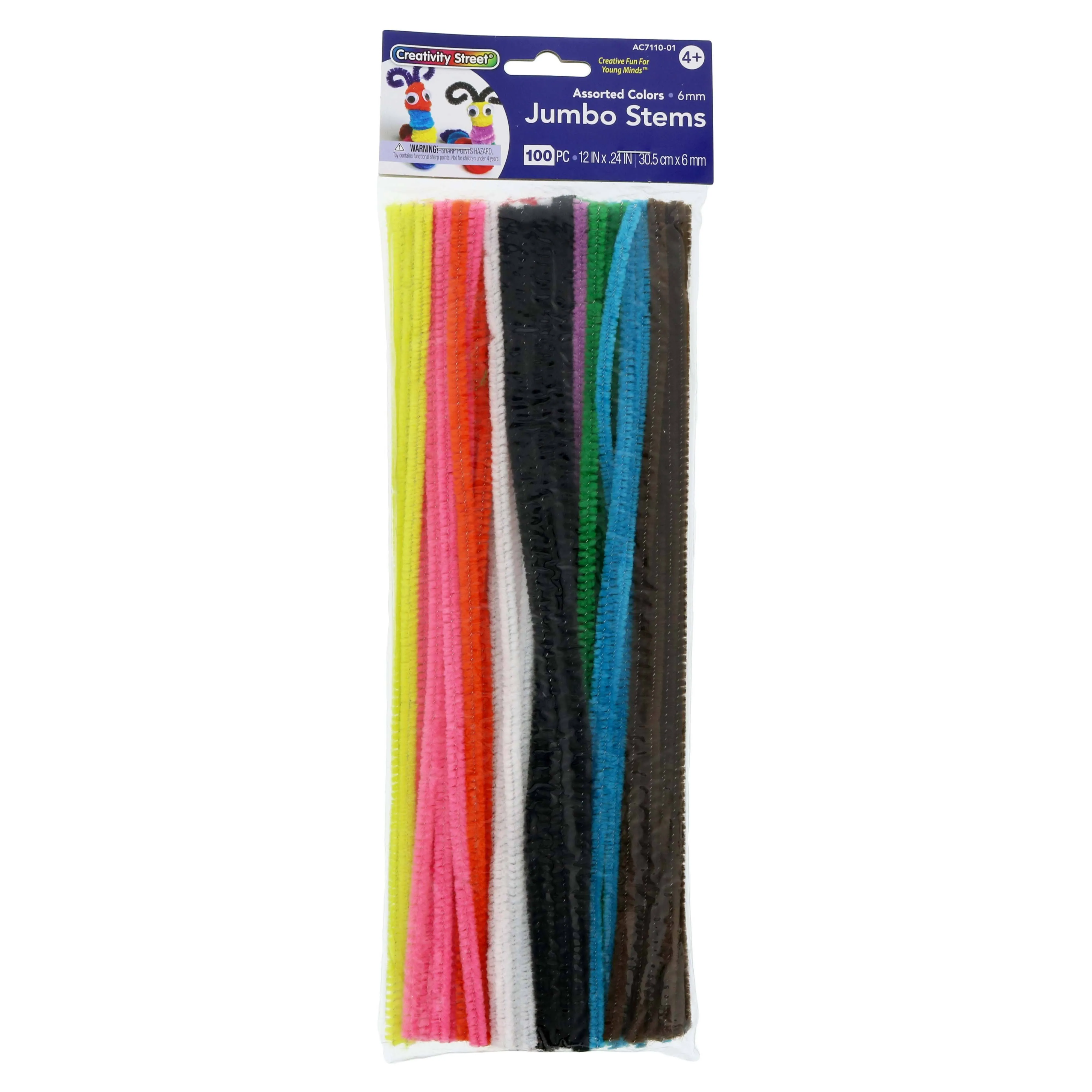 Chenille Kraft Wire Pipe Cleaners, Jumbo, 0.25" x 12", Assorted Colors - 100 pack