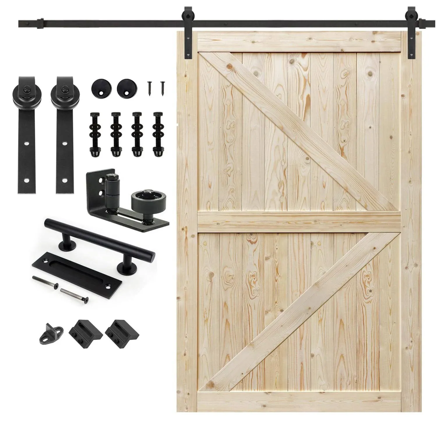 S&Z TOPHAND 54 in.x 80 in. Unfinished British Brace Knotty Barn Door with 10ft Sliding Door Hardware Kit/Solid Wood/Sliding Door/Double Surfaces