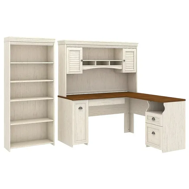 Bush Furniture Fairview L Shaped Desk with Hutch, 5 Shelf Bookcase and Lateral File Cabinet