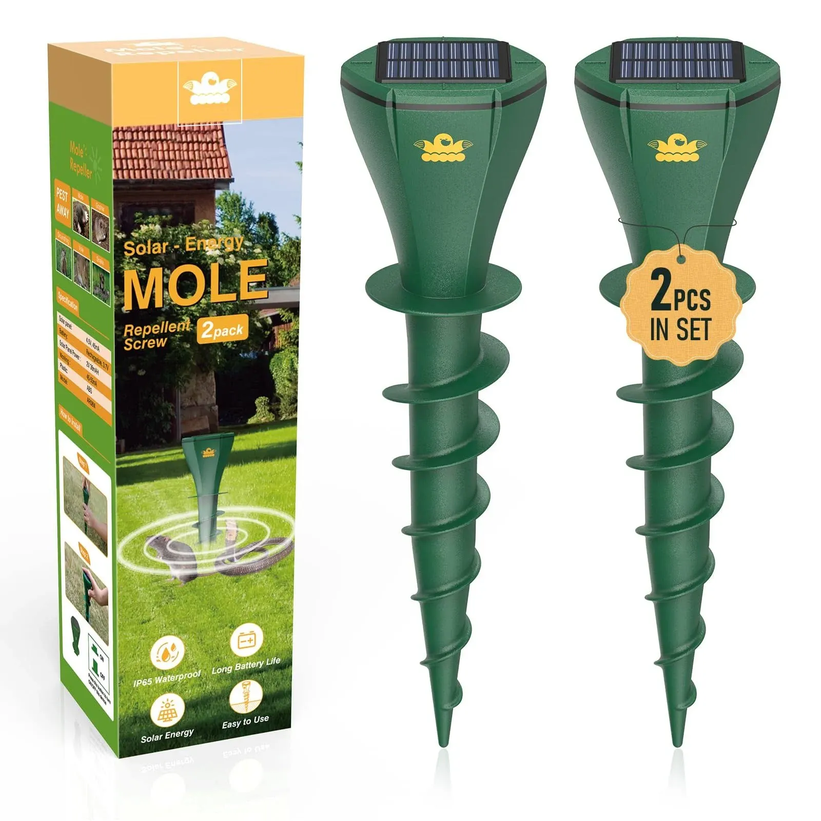 2 PCS Mole Repellent Solar Powered for Lawns Varying Sonic &amp; Vibration Stake