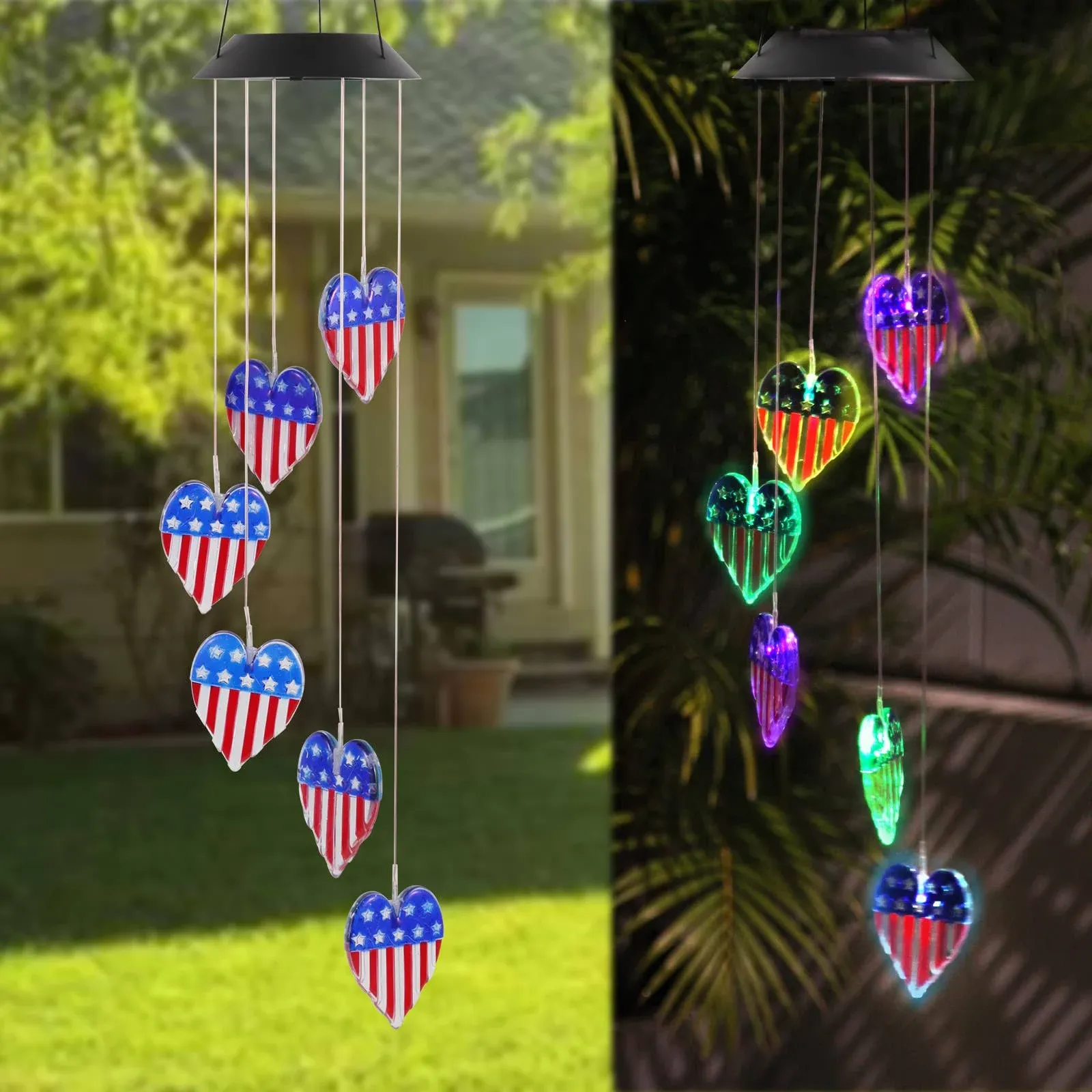 Solar American Flag Wind Chime,Solar Powered Chime Light,Patrioti<wbr/>c Wind Chime...