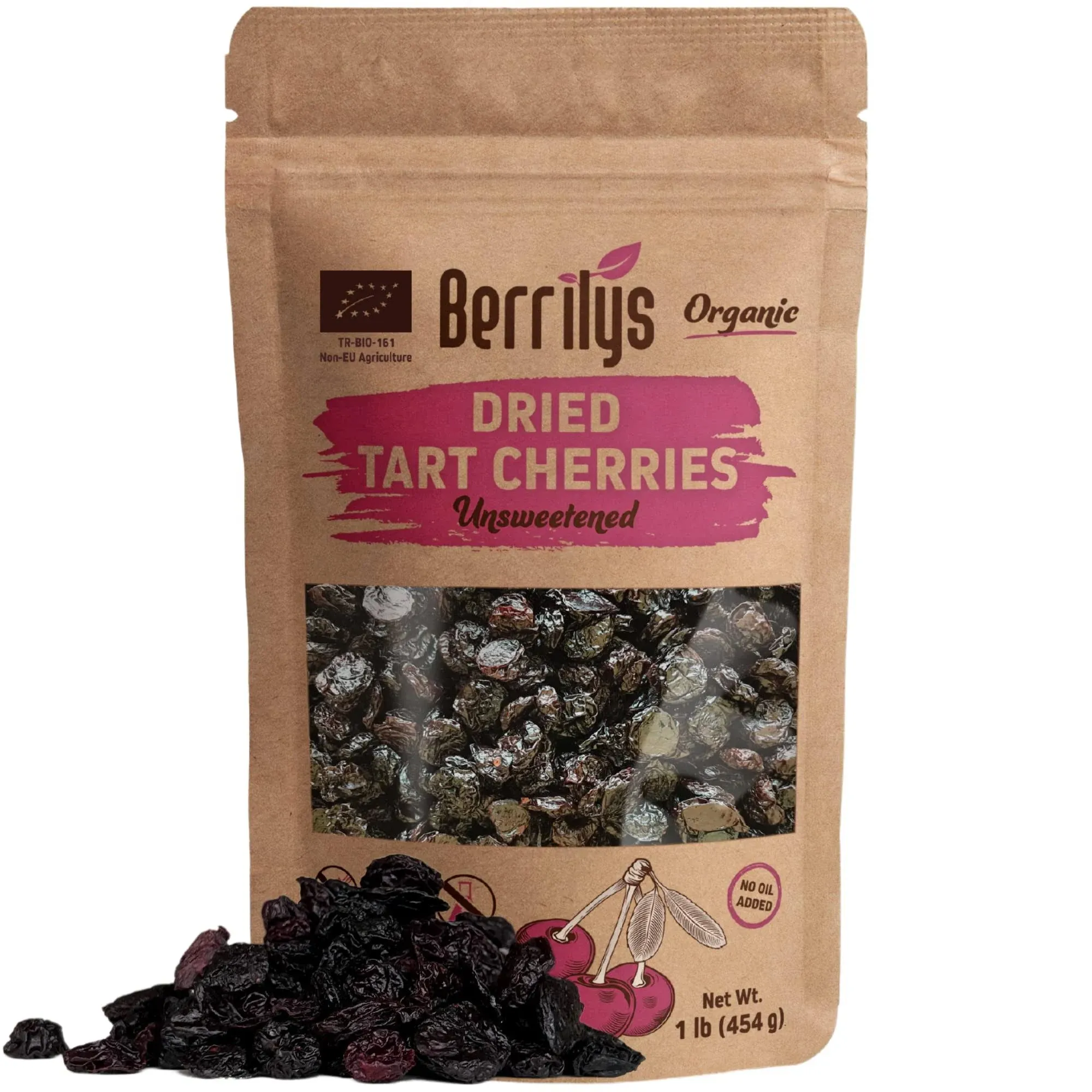 Organic Dried Tart Cherries, Berrilys, 10 oz, Pitted, Non-GMO, Kosher, Unsulfured, No Added Sugar, No Added Oil, Healthy Snack, Great Ingredient for