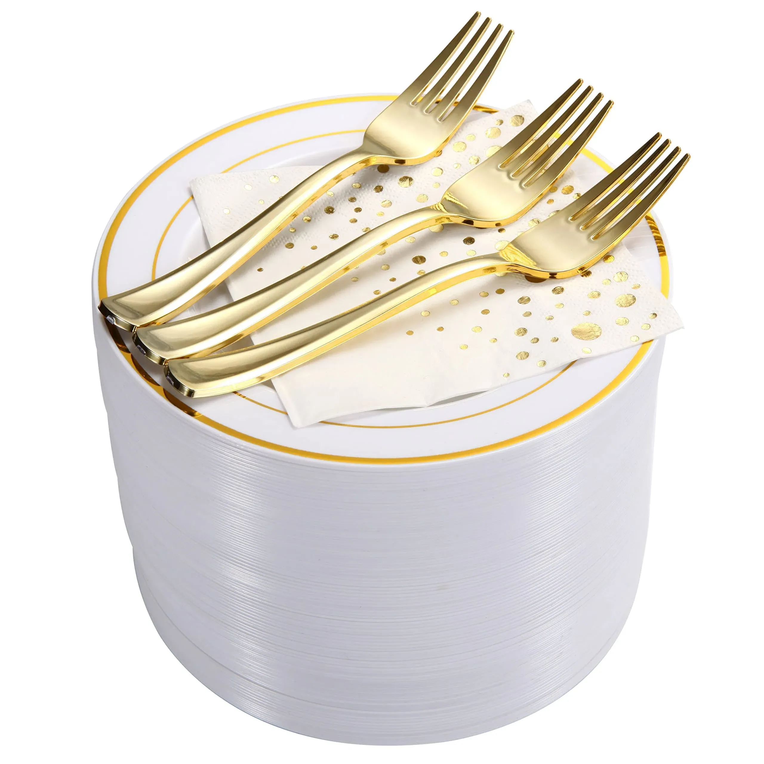 Stylish Gold Dessert Plates, Disposable Forks and Gold Cocktail Napkins (100 Set), 7.5 inch Wedding Cake Plates, Disposable Appetizer Plate - Gold