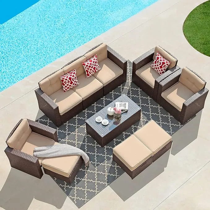 Super Patio 10 Piece Patio Furniture Set with Storage Box and Ottomans, Rattan Outdoor Conversation Set with Tempered Glass Coffee Table, Outdoor Sectional Sofa for Garden, Backyard, Deck, Brown