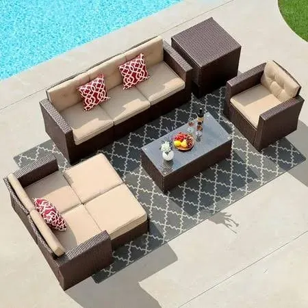 Super Patio 10 Piece Patio Furniture Set with Storage Box and Ottomans, Rattan Outdoor Conversation Set with Tempered Glass Coffee Table, Outdoor Sectional Sofa for Garden, Backyard, Deck, Brown