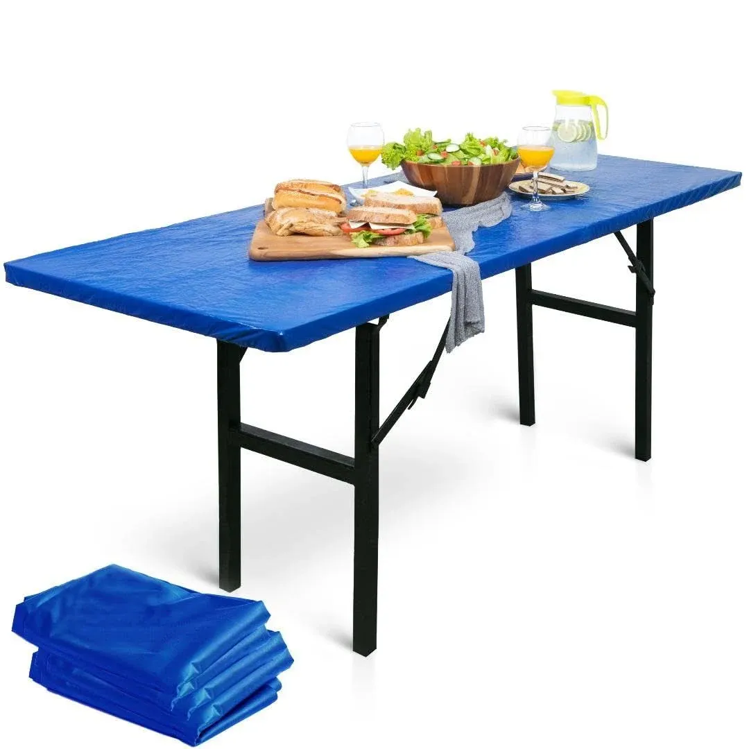 LINPRO 5Pk Plastic Table Cloths Disposable for Parties 8ft Picnic Table Covers with Elastic Fitted Camping Tablecloth Elastic Table Cover Rectangle Blue Tablecloth Waterproof Outdoor & Folding Tables