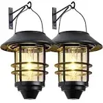 Solar Lantern Outdoor Lights, Hanging Wireless Waterproof Lantern Lights with Wall Mount Kit for Garden Porch Fence 2 Pack