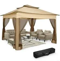 COBIZI Pop Up Gazebo 11x11 One-Push Canopy Tent, Carpas Para Patio, Outdoor Canopy Shelter with Double Roof Ventiation 121 Square Feet of Shade for Lawn, Garden, Backyard and Deck, Brown(Upgraded 2.0)