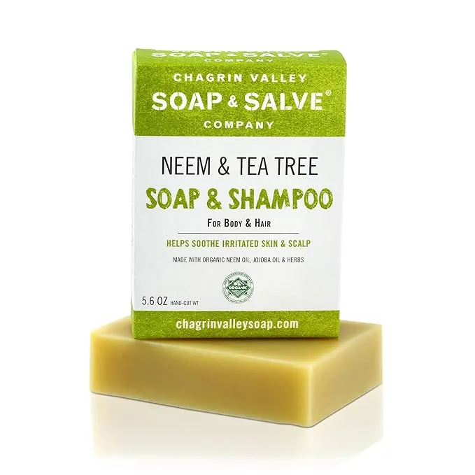 Chagrin Valley Soap & Salve Natural Neem Soap & Shampoo – Soothe Dry, Itchy, Irritated Skin Conditions - Plastic Free – Vegan – Neem Body & Hair Shampoo – 5.6 OZ (159g) Bar