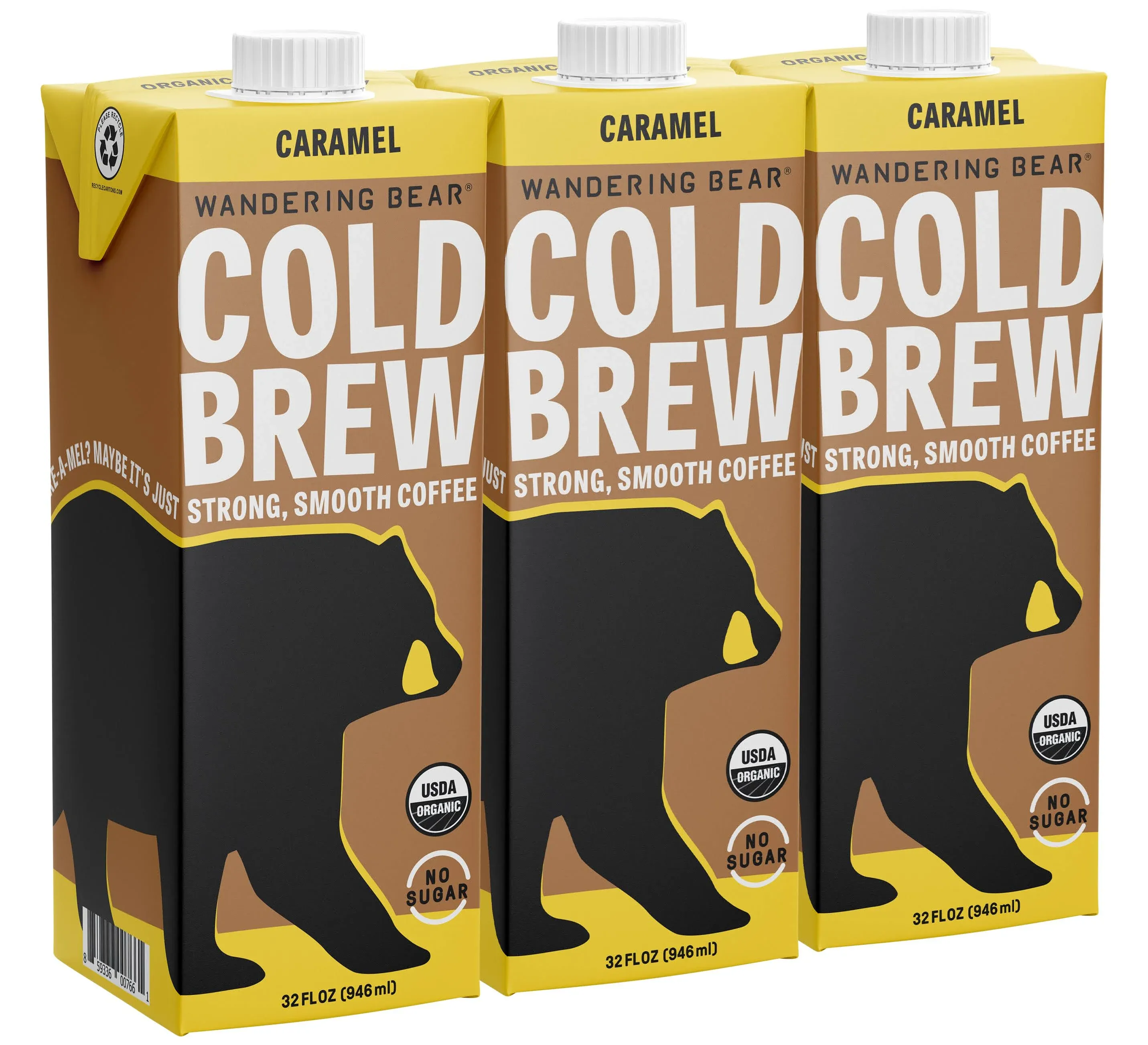 Wandering Bear Organic Caramel Cold Brew Coffee, 32 fl oz, 3 pack - Extra Strong, Smooth, Organic, Unsweetened, Shelf-Stable, and Ready to Drink Iced Coffee, Cold Brewed Coffee, Cold Coffee