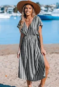 CUPSHE Women&#039;s Cover Up V Neck Midi Dress Short Sleeves Summer Beachwear Casual 