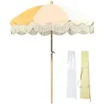 LAGarden 6ft Fringe Patio Umbrella with Tassels & Carry Bag 50 / 60s Vintage Style Umbrella Wood Yellow,Model: PS6-01