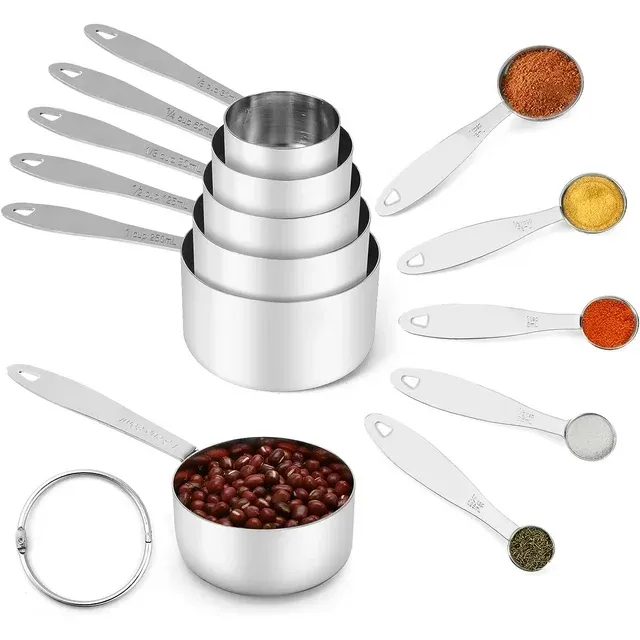 JOYHILL Stainless Steel Measuring Cups and Spoons Set of 10 Piece, Nesting Metal Measuring Cups Set with Soft Touch Silicone Handles for Home Kitchen Cooking & Baking, Silver