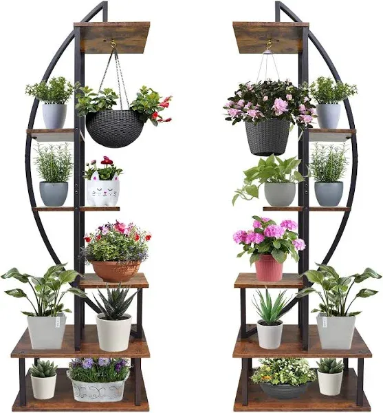 2 PCs 6 Tier Metal Plant Stand, Half Moon Plant Shelf Holder, Indoor Tall Ladder Plant Stand Large Plant Display Stand Rack for Living Room, Balcony, Patio, Garden