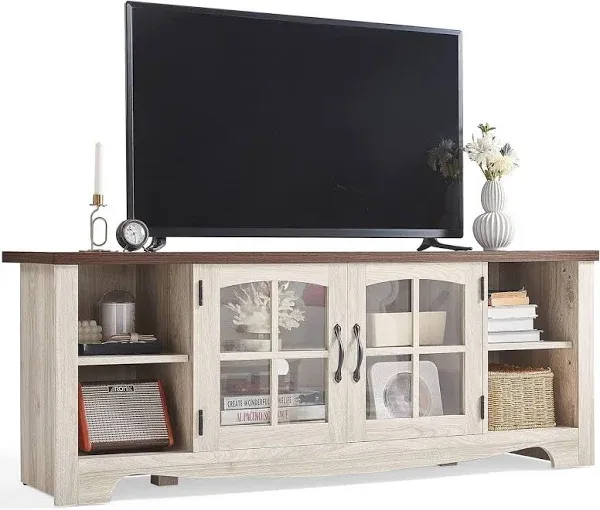 LINSY HOME Farmhouse TV Stand for 65 Inch TV, Wood Entertainment Center with Gla