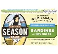 Season Sardines in Olive Oil – Skinless & Boneless, Wild Caught, 22g of Protein, Keto Snacks, More Omega 3's Than Tuna, Kosher, High in Calcium, Canned Sardines – 4.37 Oz Tins, 12-Pack