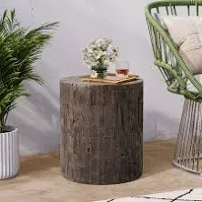 COSIEST 2 Pieces Outdoor Antique Beige Side Table Faux Wood, Hand-Painted Wood Stump Stool, Ottomans, Plant Stand, Deck or Garden