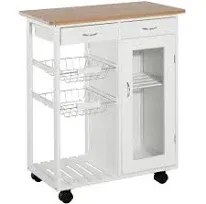 White Bamboo Wheeled Kitchen Cart with Storage Cabinet and Wire Basket