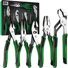 Sk 5-Piece Pliers Set, 8" Long Nose Pliers, 9.5" Linesman Pliers, 8" Slip Joint Pliers, 8" Diagonal Pliers, and 10" Groove Joint Pliers