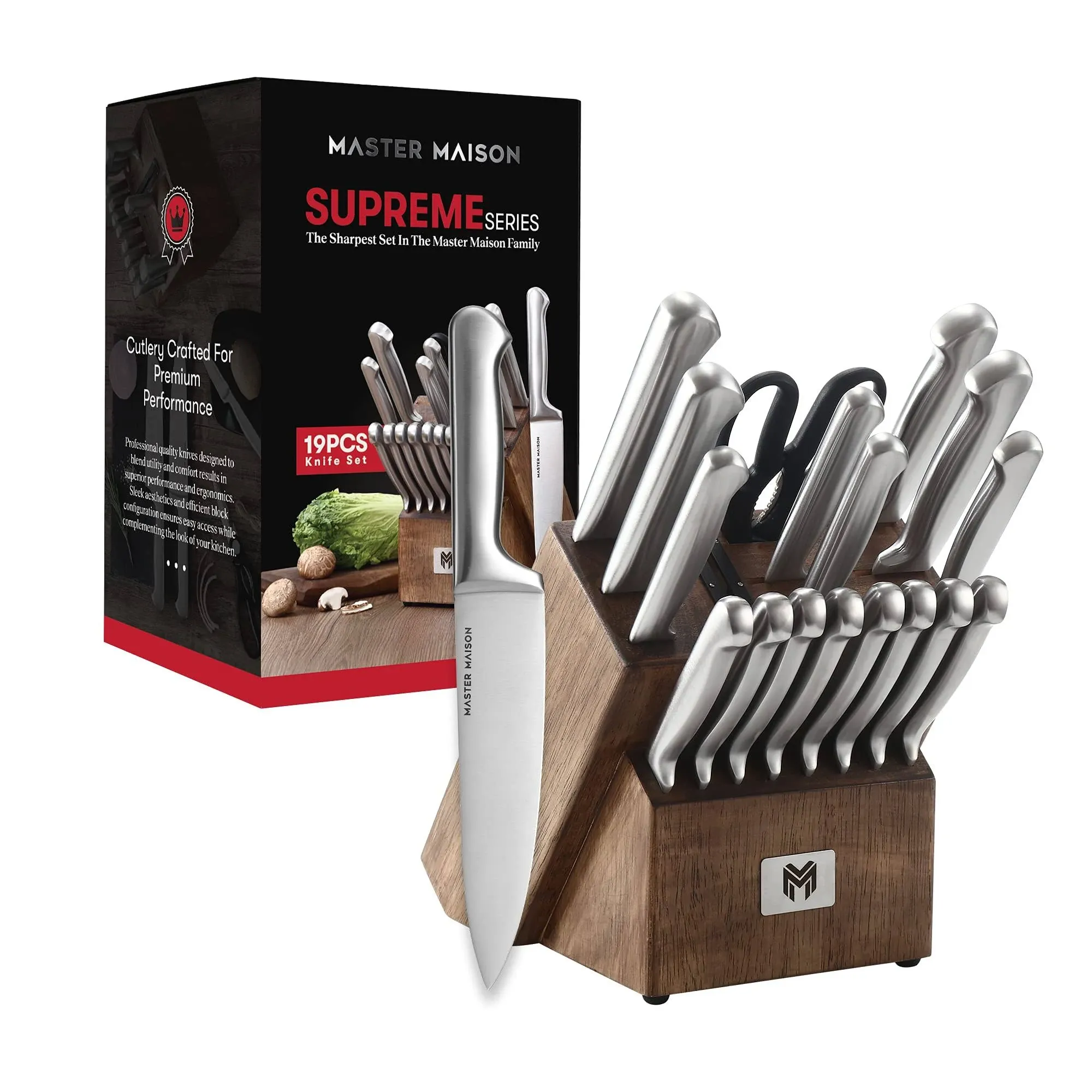 19-Piece Premium Kitchen Knife Set with Wooden Block | Master Maison German Stainless Steel Cutlery with Knife Sharpener & 8 Steak Knives (Silver)