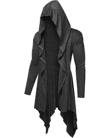 COOFANDY Long Hooded Cardigan Ruffle Shawl Collar Open Front Lightweight Drape L