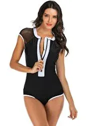 YATEEN Women's Zip Front Sleeveless One Piece Swimsuit