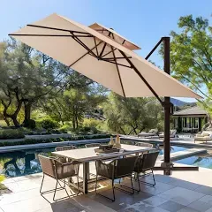 wikiwiki 10x10FT 2 Tiers Cantilever Patio Umbrella, Offset Umbrella Outdoor Patio, 6-Level 360° Rotation, Heavy Duty Umbrella with Cross Base, Beige