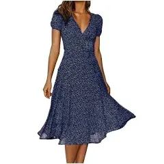 Women Casual Dress Summer Dress V Neck Solid Color Polka Dot Print Dress