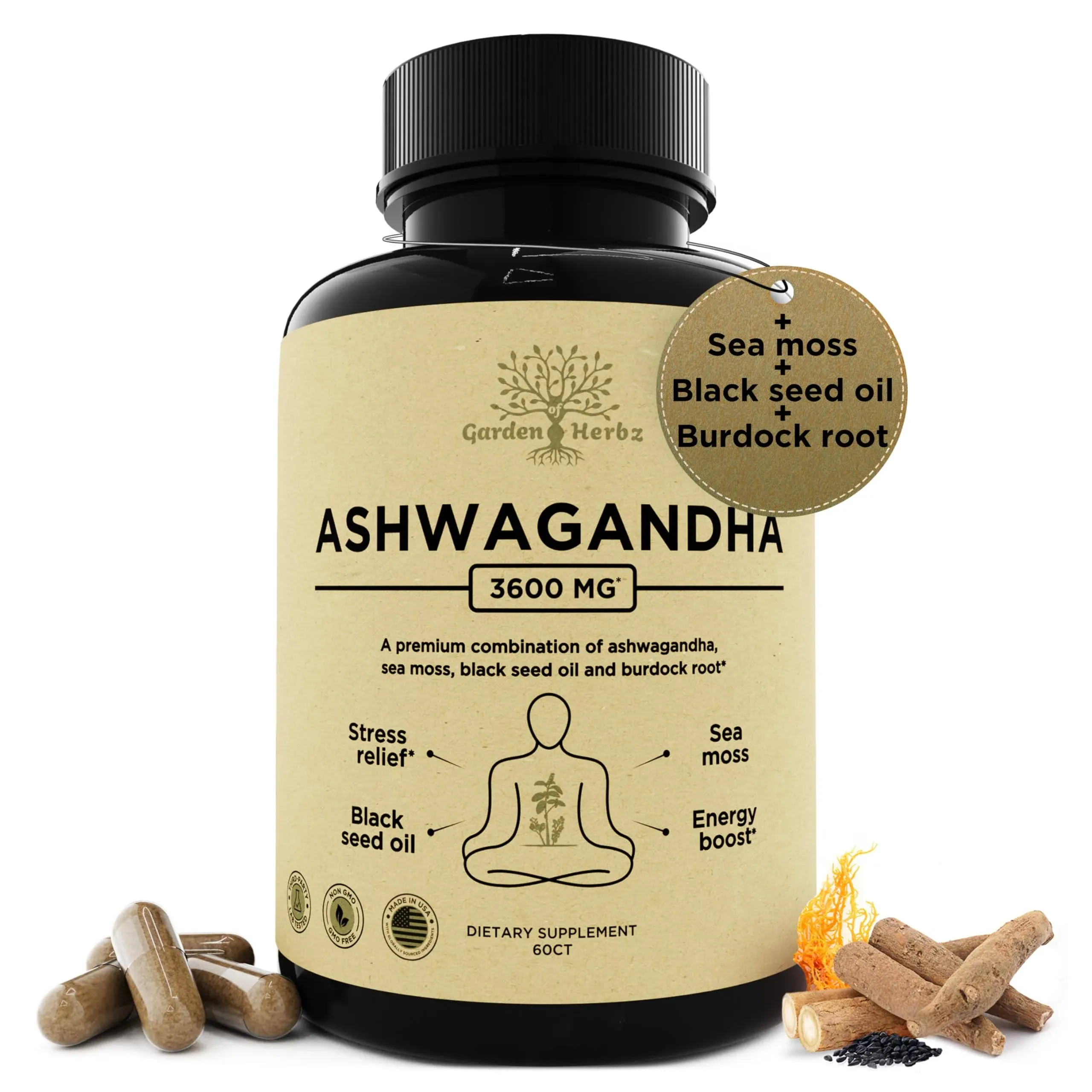 Organic Ashwagandha Root & Irish Sea Moss – 3,600 mg Ashwagandha Supplement with Black Seed Oil, & Burdock Root – Herbal Supplement for Energy, Calm, Mood, & Wellness, 120 Caps