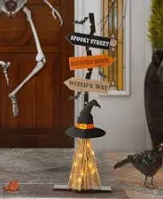 Glitzhome 42" H Lighted Wooden Witch's Broom Porch Decor with Timer Halloween Decoration