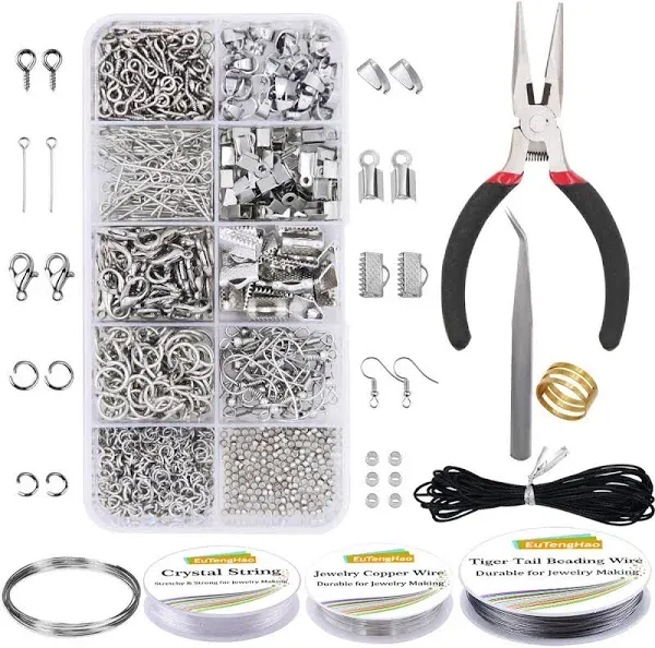 EuTengHao Jewelry Making Kit with Pliers, Wires, Jump Rings, Clasps, Cord and More for Jewelry DIY Crafts - Silver