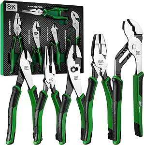 Sk 5-Piece Pliers Set, 8" Long Nose Pliers, 9.5" Linesman Pliers, 8" Slip Joint Pliers, 8" Diagonal Pliers, and 10" Groove Joint Pliers