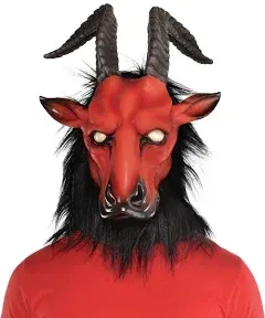 Full Head Halloween Red Goat Mask, Scary Satanic Mask for Halloween Cosplay Masquerade Costume Party, Horror Evil Goat Mask