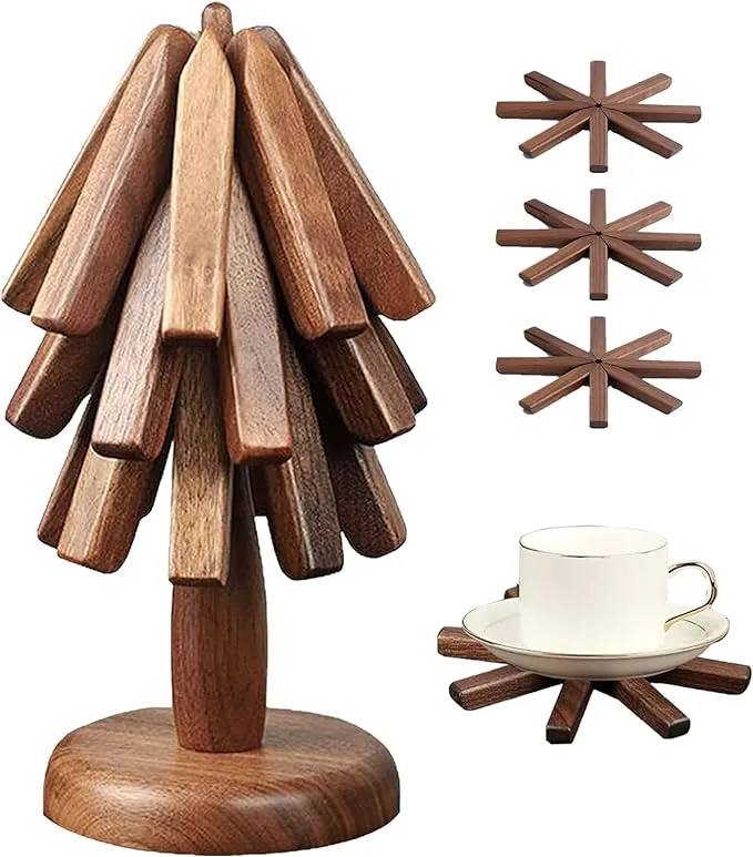 Natural Wood Trivets for Hot Dishes,Foldable Wooden Tree Trivet Hot Plate Mat,Set of 3 Walnut Wood Trivet Tree Hot Pads for Kitchen,Multifunction