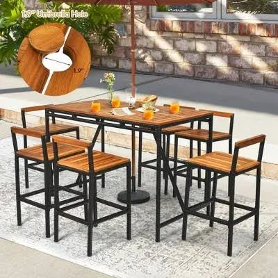 Costway 7 Pieces Acacia Wood Patio Rattan Bar Set with Umbrella Hole