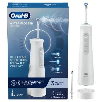 Oral-B Water Flosser Advanced, Cordless Portable Oral Irrigator Handle with 2 Nozzles 