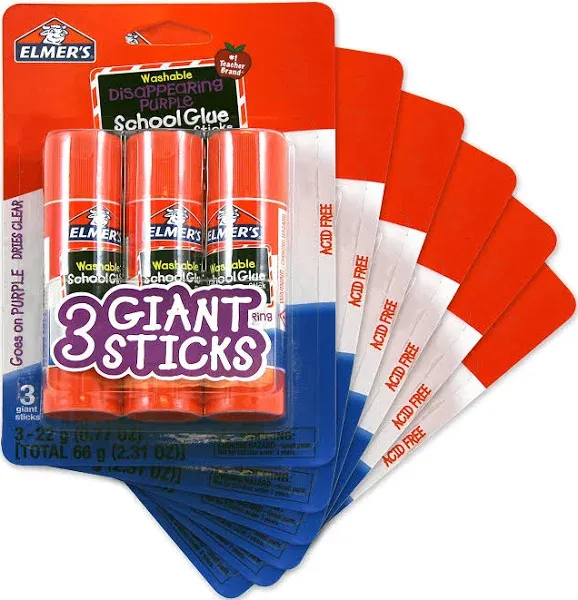 Giant Elmer&#039;s Glue Sticks Washable, Disappearing Purple, School Glue 6 Pack