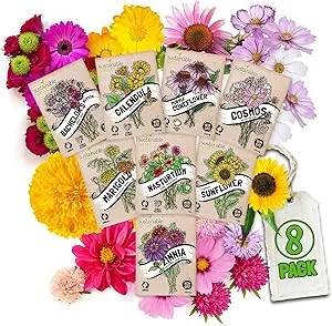 Seeds for Planting Flowers: 8 Bulk Variety Packets Zinnia, Nasturtium, Marigold, Purple Coneflower, Cosmos, Calendula, Bachelor's Button & Sunflower Seeds, Non GMO Flower Seeds by Sustainable Sprout