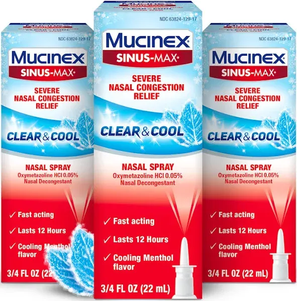 Mucinex Sinus Max 12 Hour Decongestant Clear Cool Nasal Spray 0.75 x2 Exp 2025+