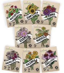 Sustainable Sprout Flower Seeds Variety Pack - 100% Non GMO - Zinnia, Cosmos, Sunflower, Bachelor Button, Calendula, Nasturtium, Marigold, Coneflower