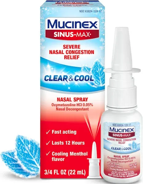 Mucinex Nasal Decongestant Spray, Sinus-Max Severe Nasal Congestion Relief Clear & Cool Nasal Spray, Lasts 12 Hours, Fast Acting, Cooling Menthol Flavor, Packaging May Vary, 0.75 Fl Oz (Pack of 6)