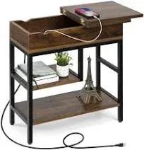 Side Table with USB Ports and Outlets, Narrow Sofa End Table with Storage Shelf 