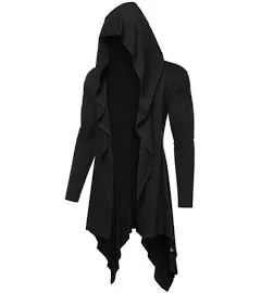 COOFANDY Long Hooded Cardigan Ruffle Shawl Collar Open Front Lightweight Drape C