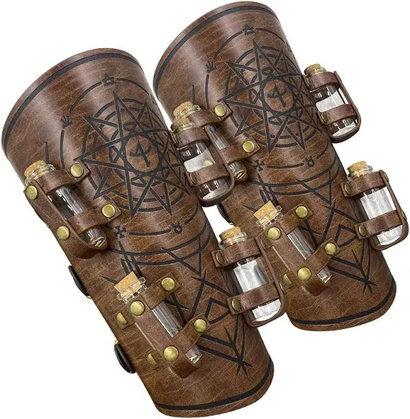 Medieval Embossed Alchemy Bracers with 8 Cork Vials Fantasy Faux Leather Buck...