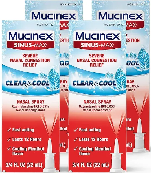 Mucinex Nasal Decongestant Spray, Sinus-Max Severe Nasal Congestion Relief Clear & Cool Nasal Spray, Lasts 12 Hours, Fast Acting, Cooling Menthol Flavor, Packaging May Vary, 0.75 Fl Oz (Pack of 6)