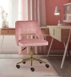 Impressions Vanity Hello Kitty Velvet Swivel Vanity Chair with Back, Ergonomic Backrest Cute Desk Chair with Wheels, Golden Rolling Base Adjustable Height Makeup Chair for Bedroom (White)