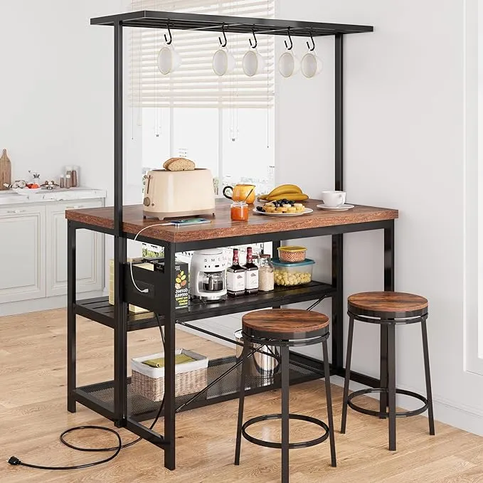 GAOMON Kitchen Island with Storage, Bakers Rack with Power Outlet, Island Table for Kitchen,3 Tier Microwave Stand Oven Shelf,Large Coffee Bar Table,