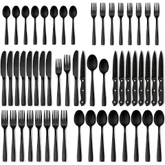 48-Piece Black Silverware Set for 8, Stainless Steel Flatware Cutlery Set with Steak Knives, Stain Finish Kitchen Utensil Tableware Set, Includes Spoons Forks Knives for Home Hotel, Dishwasher Safe